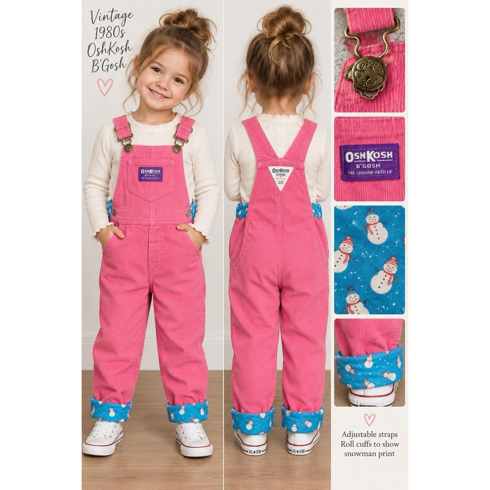 Vintage 1980s Oshkosh B'Gosh 3t Pink Corduroy Snowman Lined Overalls Made USA